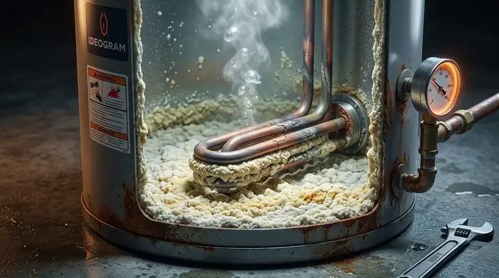 A cross-section of a water heater shows significant mineral sediment covering the internal heating element, a primary cause of inconsistent hot water and sudden temperature fluctuations.