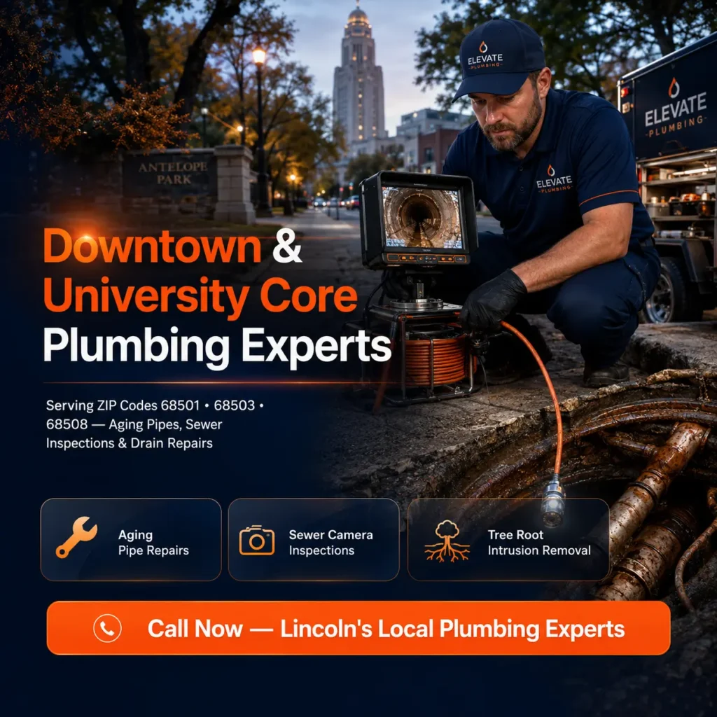 Licensed plumber providing plumbing services in Downtown Lincoln, NE — sewer camera inspection near University Core and Antelope Park serving ZIP codes 68501, 68503, and 68508