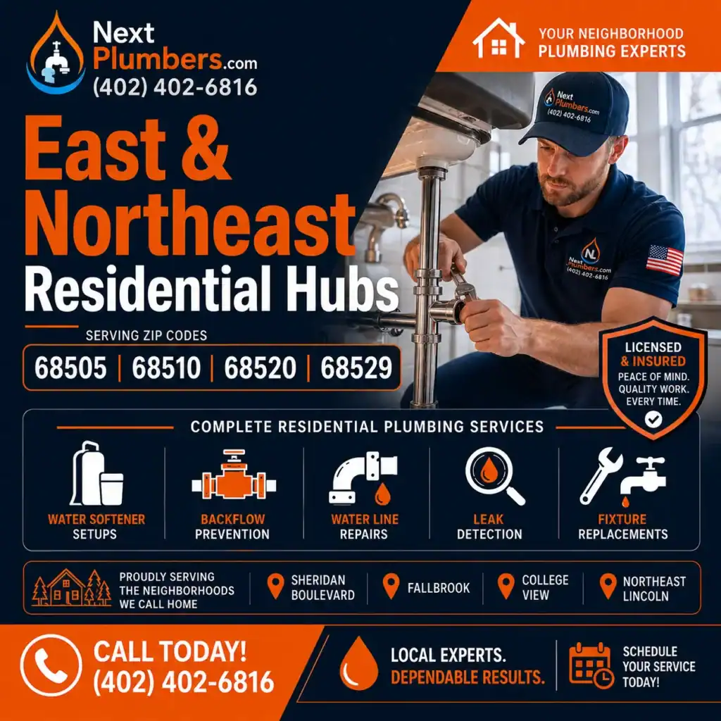Licensed and insured Next Plumbers technician providing complete residential plumbing services in East and Northeast Lincoln, NE — water softener setups, backflow prevention, water line repairs, leak detection, and fixture replacements serving ZIP codes 68505, 68510, 68520, and 68529