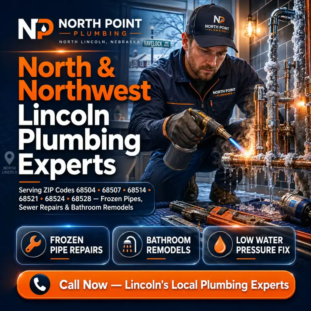 Licensed plumber providing plumbing services in North and Northwest Lincoln, NE — emergency frozen pipe repair near Havelock Avenue serving ZIP codes 68504, 68507, 68514, 68521, 68524, and 68528
