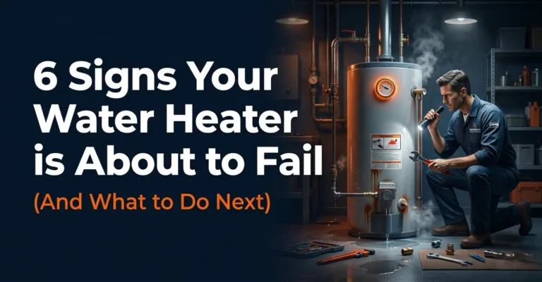 A professional plumber inspecting a leaking, rusty residential water heater with a flashlight in a utility room. Text on left reads "6 Signs Your Water Heater is About to Fail (And What to Do Next)