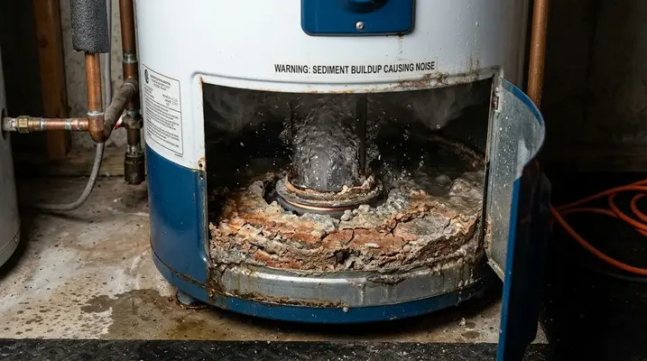 A close-up cross-section view inside a residential water heater tank, revealing heavy mineral sediment buildup covering the copper heating element. Water is boiling violently through the crust, creating steam and bubbles, illustrating the internal distress that causes strange, loud knocking or popping noises. A flashlight beam from a plumber’s hand illuminates the scene, with wrenches and a water puddle on the concrete floor in the foreground.