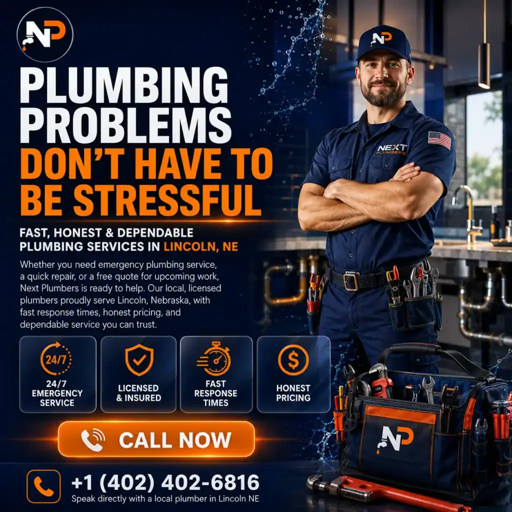 Professional Next Plumbers uniform technician next to contact details and a 402 area code phone number for local plumbing services, ideal for visitors looking to contact Next Plumbers in Lincoln, NE.