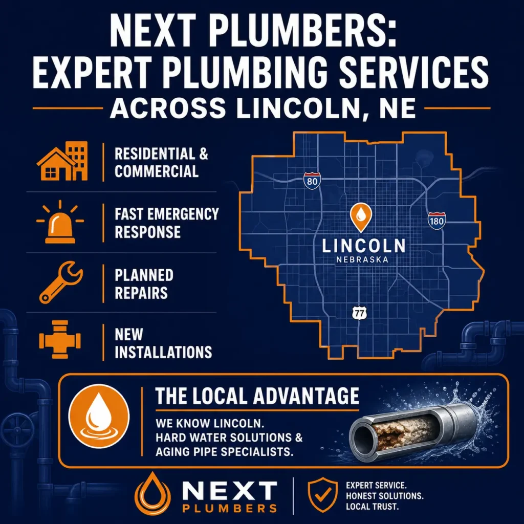 Next Plumbers infographic detailing residential, commercial, and emergency plumbing services across Lincoln, NE, highlighting hard water solutions and pipe repairs on a city map layout.