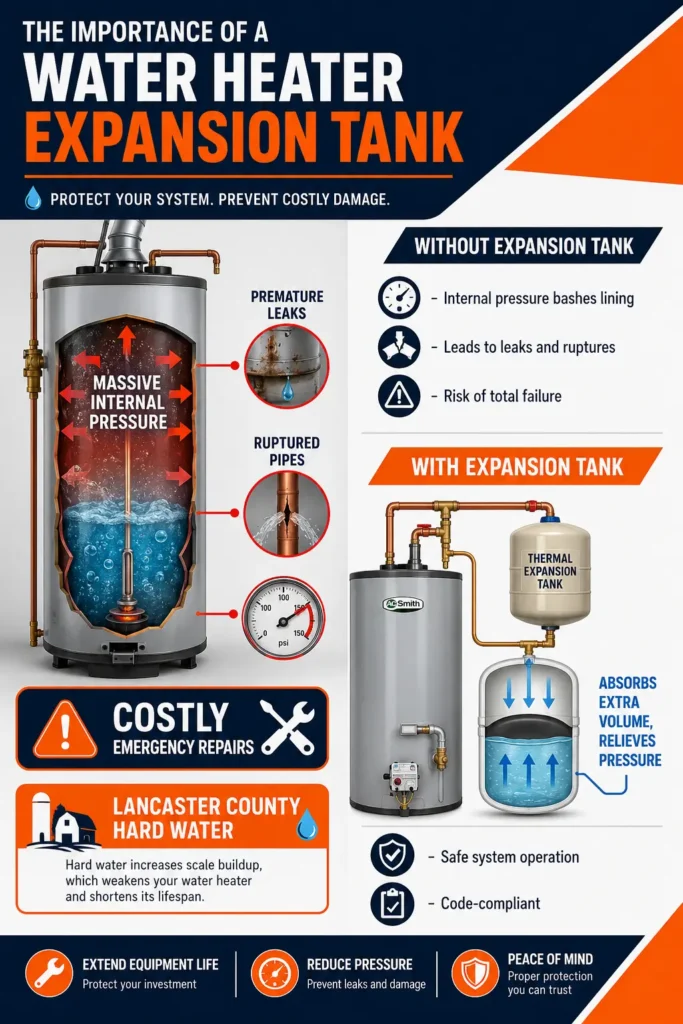 Infographic explaining the importance of a water heater expansion tank — showing internal pressure risks, premature leaks, ruptured pipes, and how a thermal expansion tank absorbs extra volume to protect your system in Lancaster County, NE