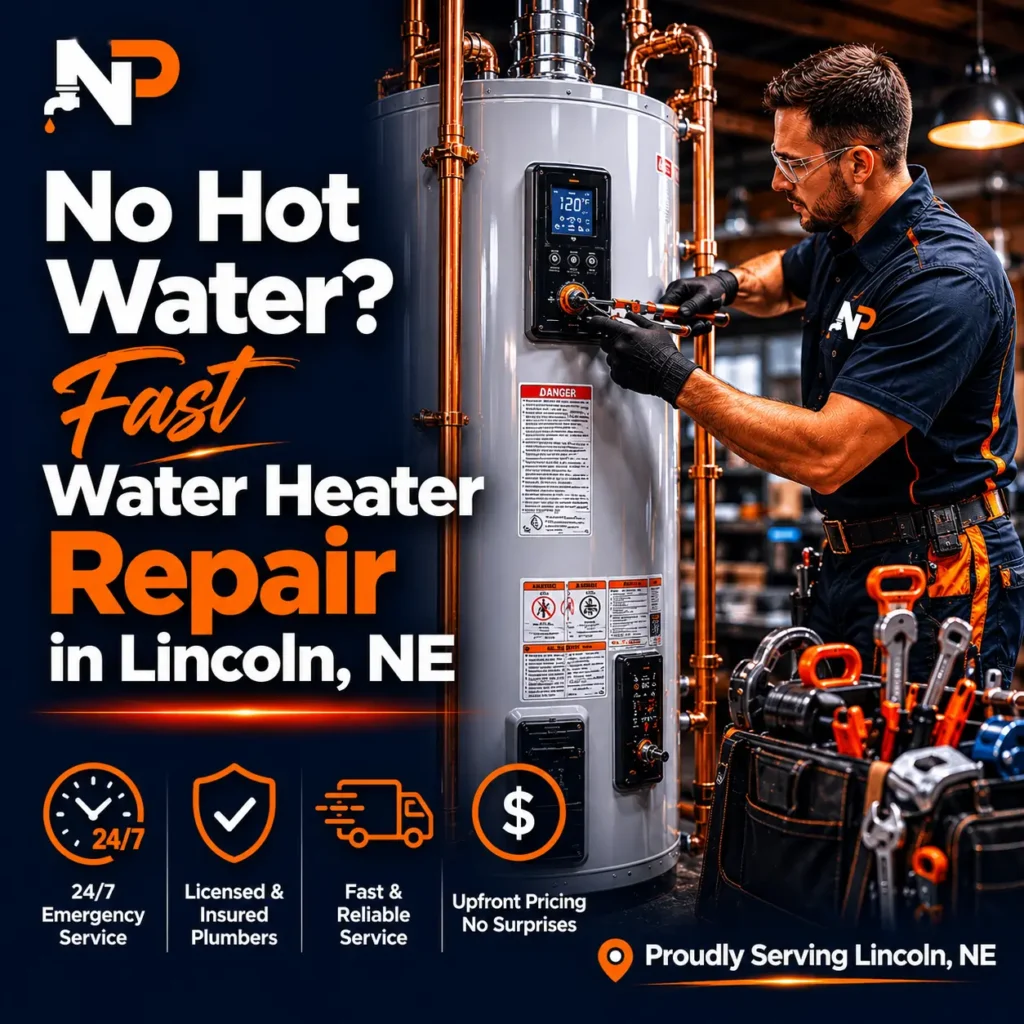 Next Plumbers technician providing fast water heater repair in Lincoln, NE, featuring icons for 24/7 emergency service, licensed plumbers, and upfront pricing.