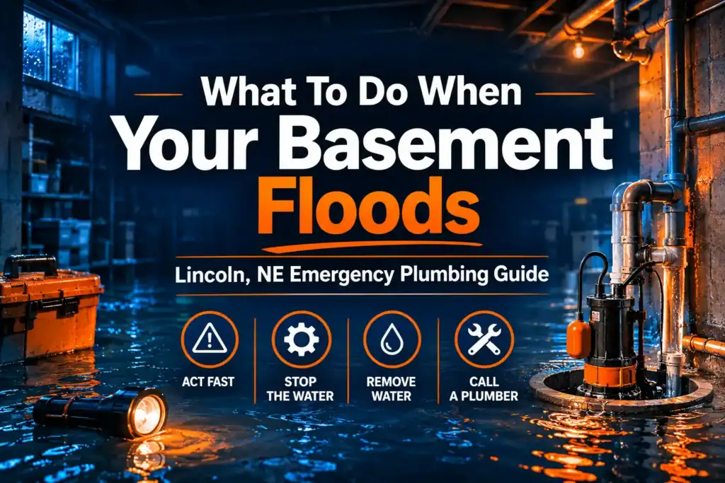 What to do when your basement floods — emergency plumbing guide for Lincoln NE homeowners showing flooded basement with sump pump and pipes