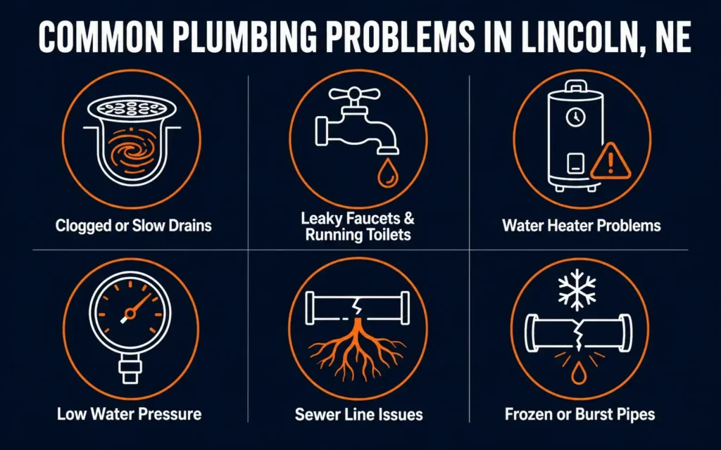 Infographic for Common plumbing problems in Lincoln, NE.webp detailing six frequent household issues: clogged or slow drains, leaky faucets and running toilets, water heater problems, low water pressure, sewer line issues, and frozen or burst pipes.