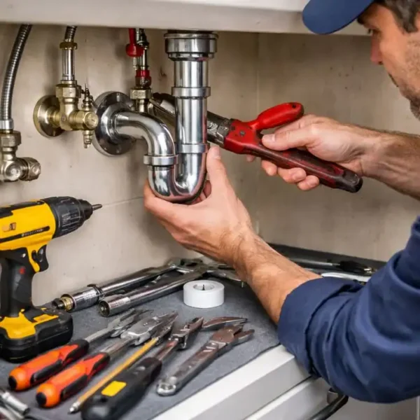 Plumber performing drain cleaning in Lincoln NE under a sink