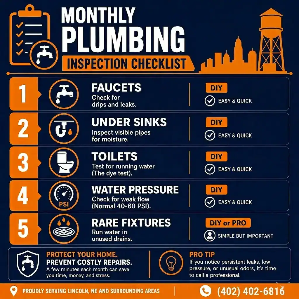 Monthly plumbing inspection checklist for Lincoln NE homeowners covering faucets under sinks toilets water pressure and rare fixtures to prevent costly repairs
