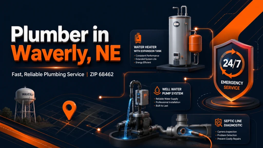 Modern 3D infographic for a plumber in Waverly, NE, featuring a water heater with an expansion tank, a well water pump system, a septic line diagnostic graphic, a 24/7 emergency service shield, and the Waverly water tower on a deep navy and orange background.
