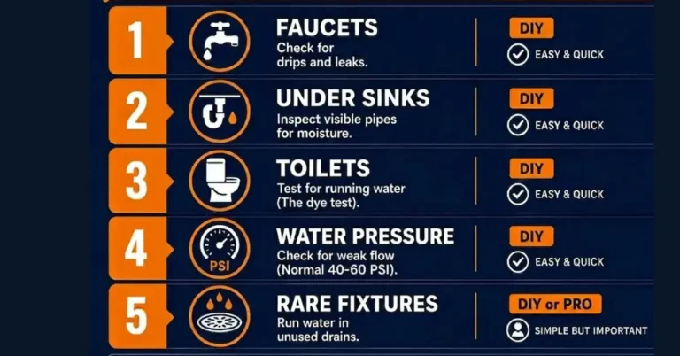 Plumbing cleaning and inspection checklist showing 5 DIY steps — faucets, under sinks, toilets, water pressure, and rare fixtures