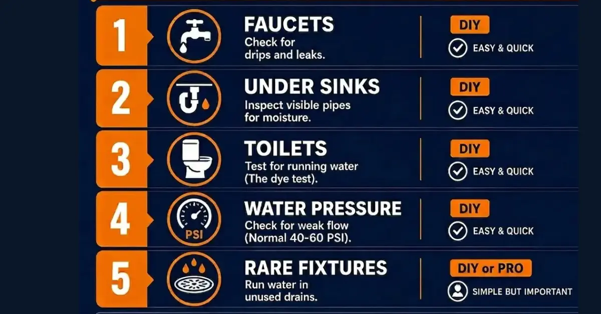 Plumbing cleaning and inspection checklist showing 5 DIY steps — faucets, under sinks, toilets, water pressure, and rare fixtures
