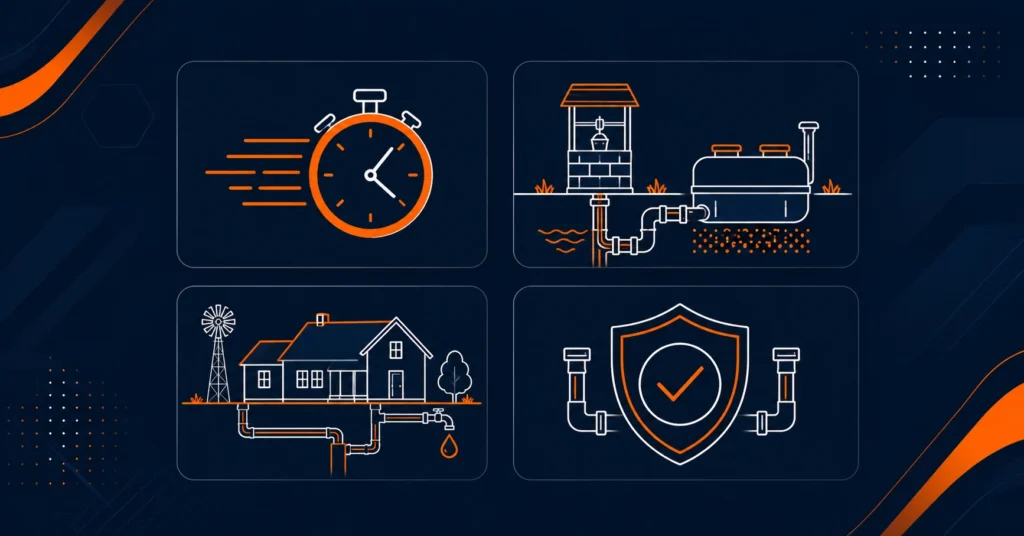 Fast response, well and septic, farmhouse plumbing, and licensed service icons for Waverly, NE plumbing