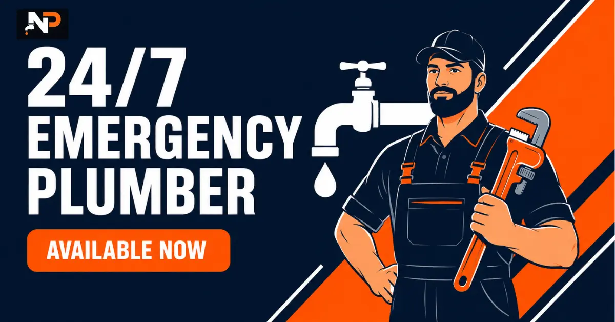 Next Plumbers promotional banner for a 24/7 emergency plumber in Havelock, NE, featuring an illustration of a bearded plumber holding a large orange pipe wrench alongside text that reads "24/7 EMERGENCY PLUMBER AVAILABLE NOW".