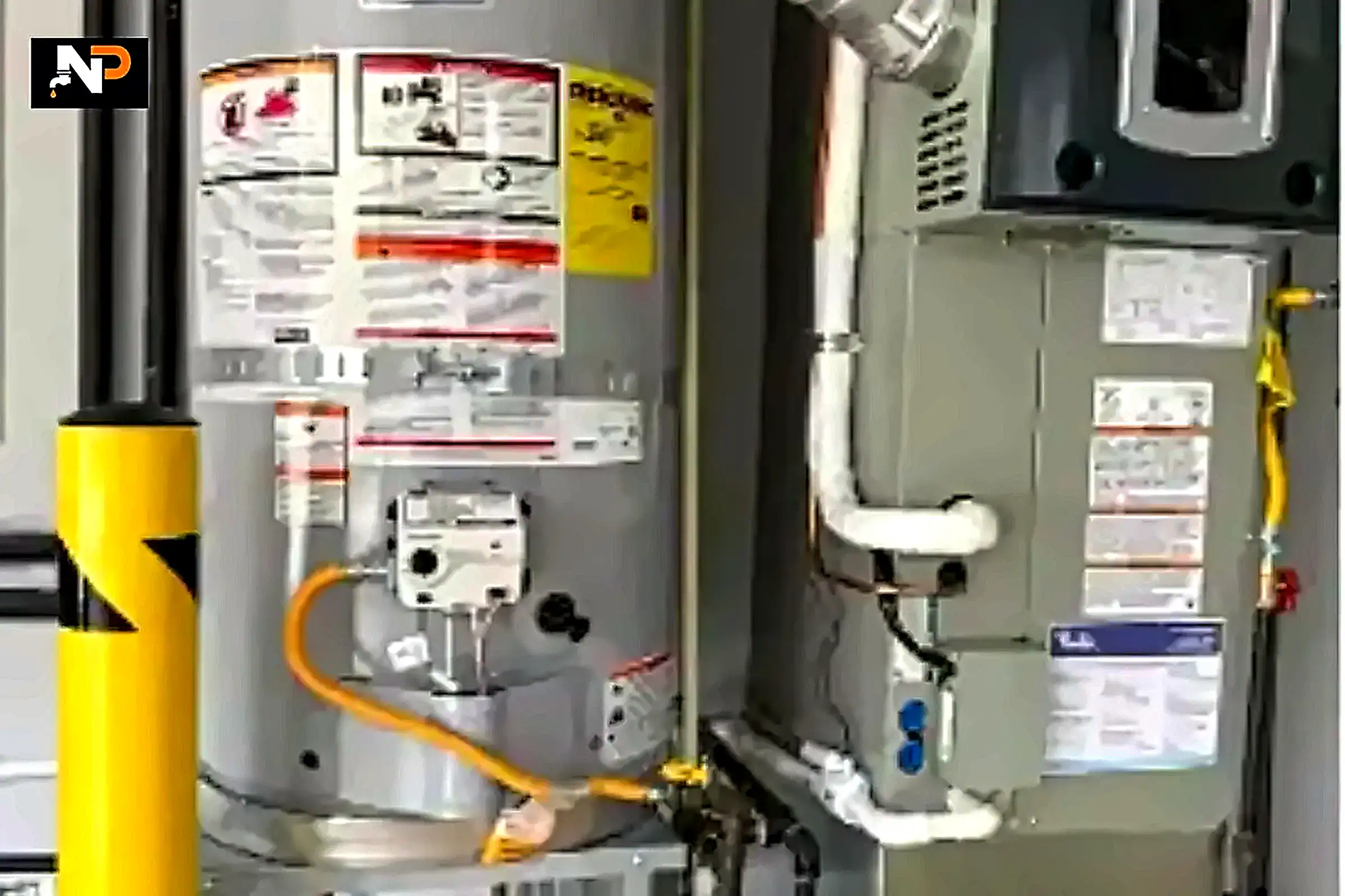 Residential gas water heater installation and furnace setup in a utility closet, featuring Next Plumbers logo for water heater repair in Bethany.