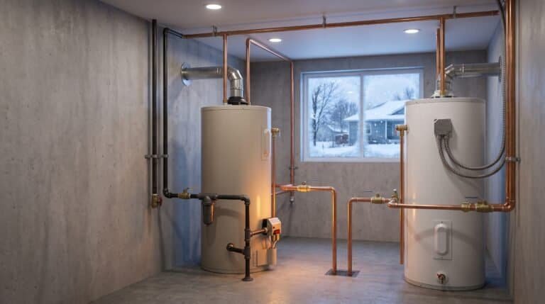 Gas and electric water heaters installed side by side in a basement, illustrating the gas vs electric water heater choice for Nebraska winters