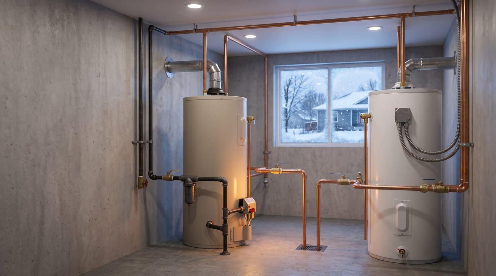 Gas and electric water heaters installed side by side in a basement, illustrating the gas vs electric water heater choice for Nebraska winters