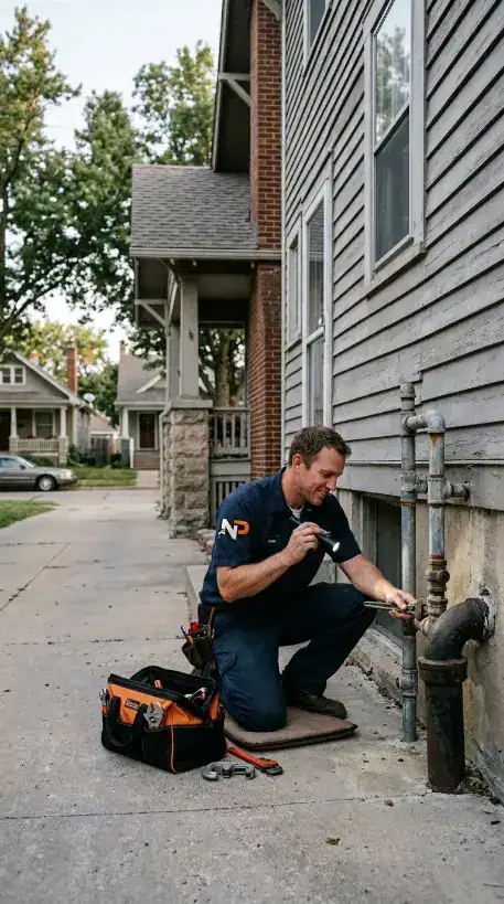 Havelock Plumbing Guide 2 Professional plumber inspecting exterior main line pipes on a historic home for a Havelock plumbing guide in Lincoln, NE.
