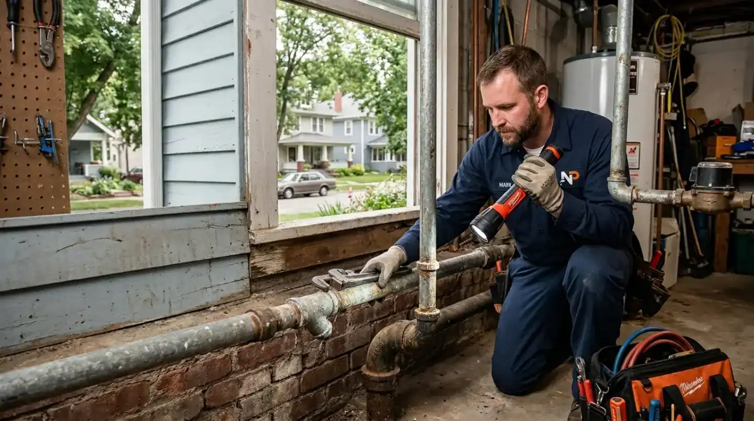 Plumber inspecting basement pipes with a flashlight, key visual for the Havelock Plumbing Guide in Lincoln, Nebraska.
