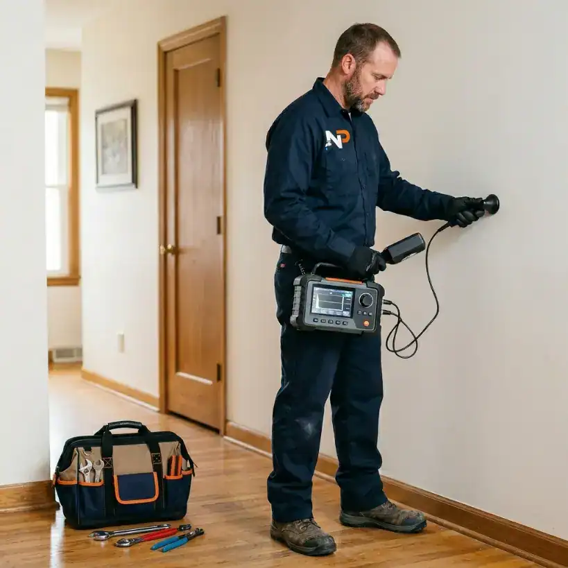 Next Plumbers technician using acoustic leak detection equipment to scan a wall for a hidden leak in a Lincoln, NE home