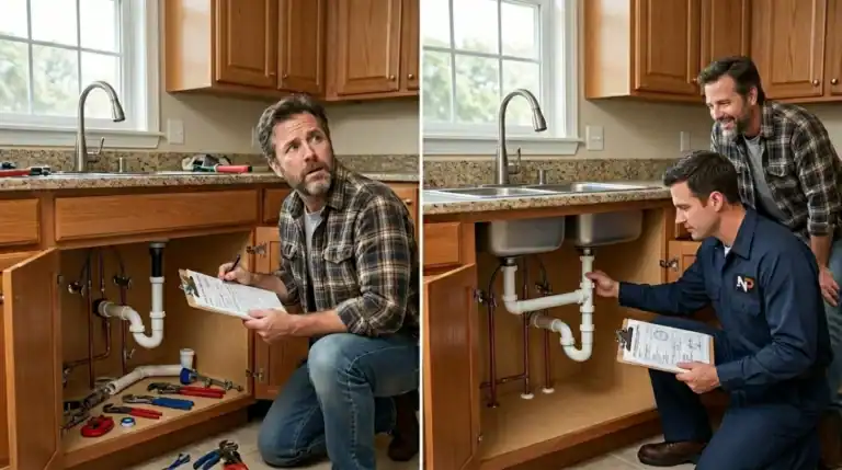 Homeowner reviewing a Lincoln ne plumbing permit before DIY work, next to a licensed plumber completing the same job professionally
