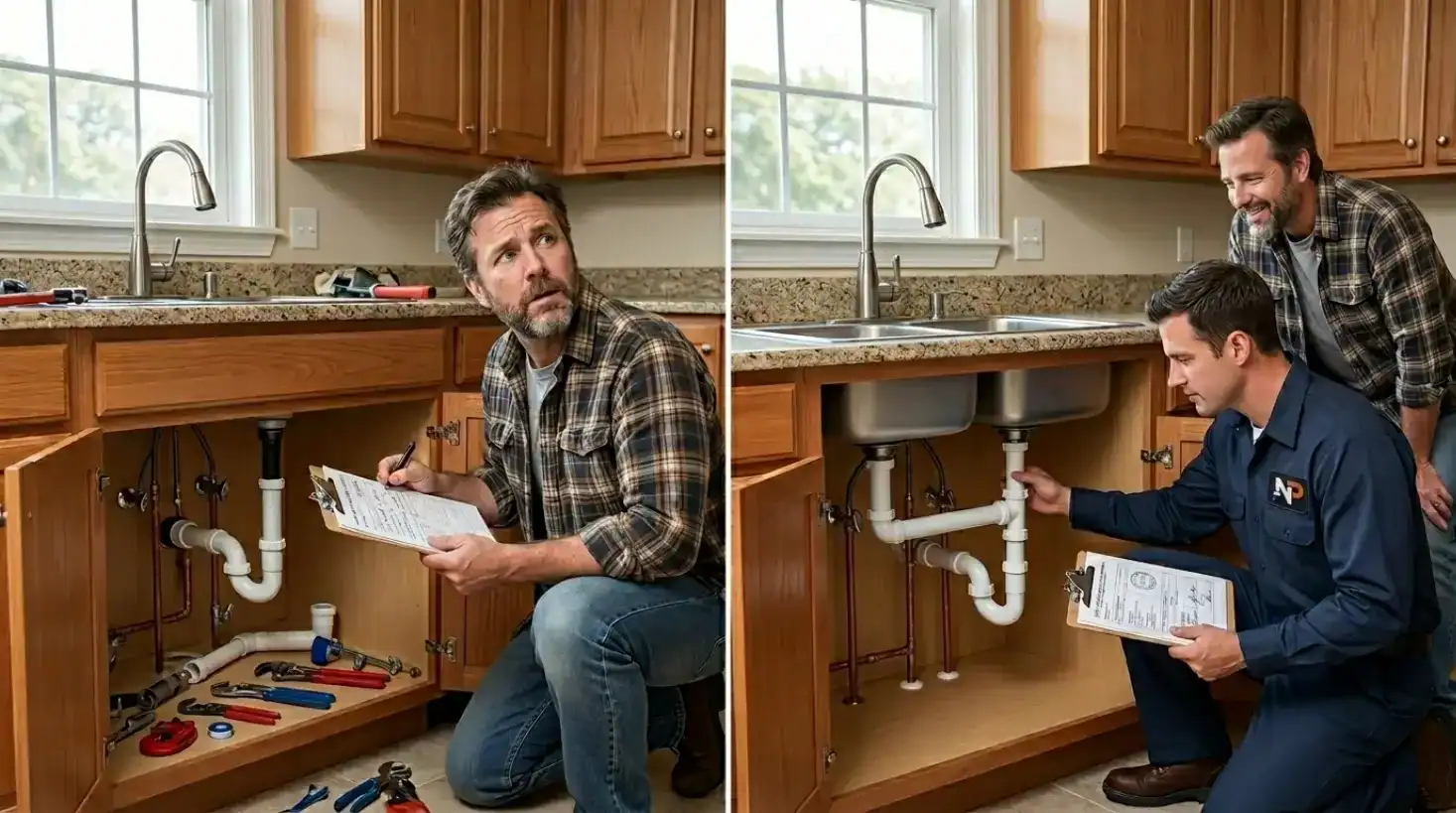 Homeowner reviewing a Lincoln ne plumbing permit before DIY work, next to a licensed plumber completing the same job professionally
