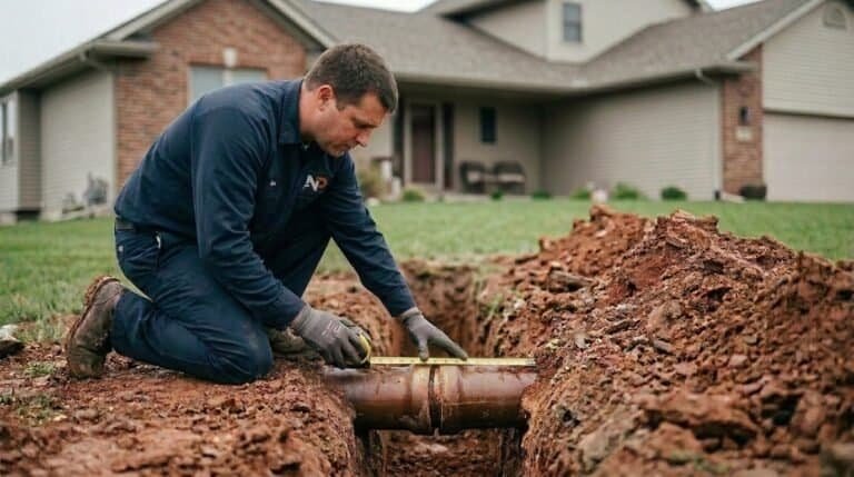 Plumber inspecting underground pipe damage caused by clay soil sewer line problems in Lincoln, NE.
