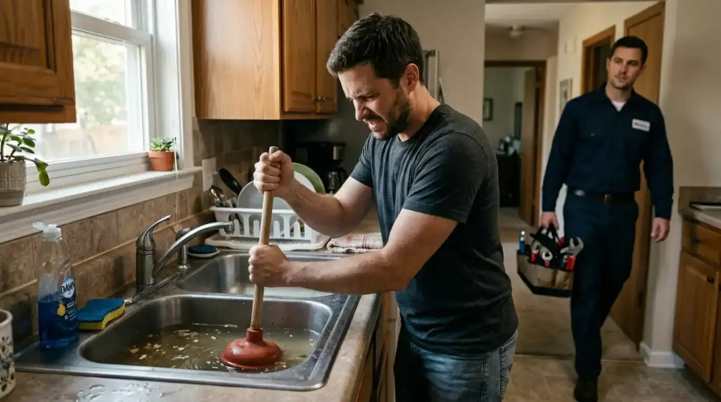 Homeowner using a plunger on a clogged kitchen sink while a plumber arrives in the background, illustrating diy drain cleaning vs plumber