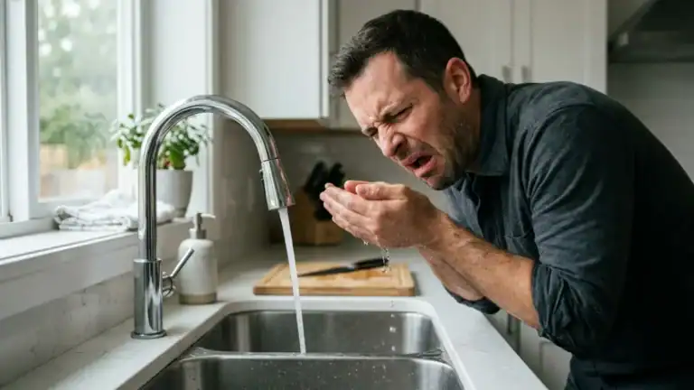 Man reacting to a strong Lincoln NE tap water smell while rinsing his hands at the kitchen sink