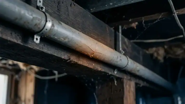 Close-up of a hairline crack in a polybutylene pipe, the plumbing failure point common in pre-1995 Lincoln homes.