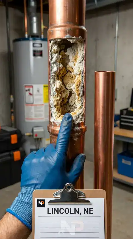 Severe mineral scale buildup inside a cutaway copper pipe showing restricted flow caused by Hard Water in Lincoln, NE.