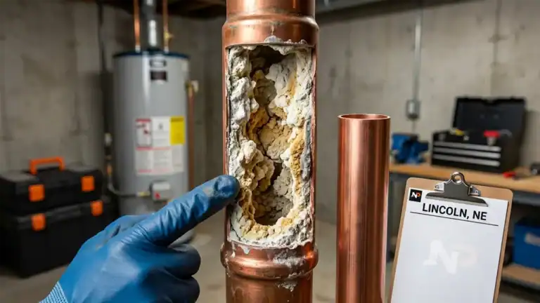 Severe mineral scale buildup in a cutaway section of a copper pipe showing water flow restriction caused by Hard Water in Lincoln, NE.