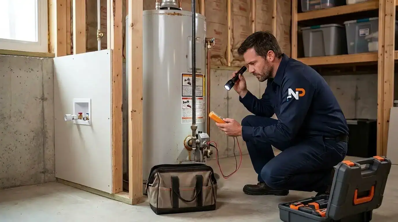 Plumber diagnosing water heater to determine repair cost in Lincoln, NE