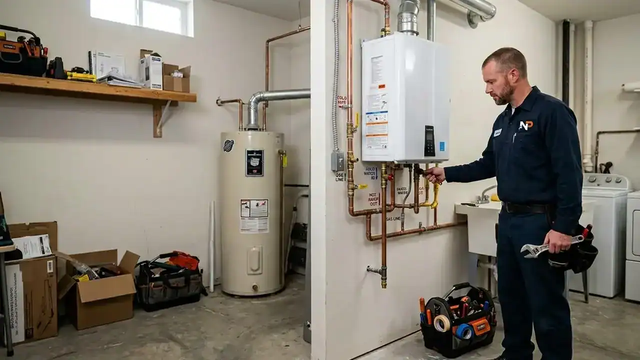 Tankless water heaters installation next to a traditional tank water heater in Lincoln, NE