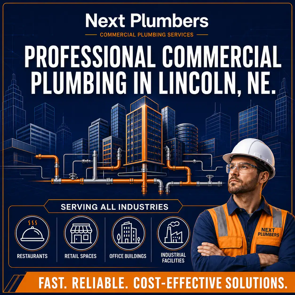 Commercial Plumbing in Lincoln NE 1 Infographic for Next Plumbers highlighting commercial plumbing in Lincoln NE with a plumber in a hardhat standing beside city building graphics and industry icons