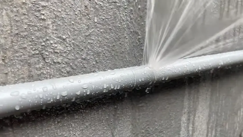 Water spraying forcefully from a burst plastic pipe mounted on a wall, showing a severe plumbing emergency